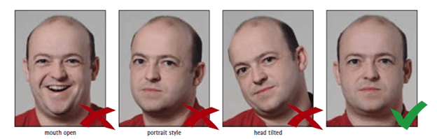 Neutral facial expression and centered head position for Schengen visa photo requirements
